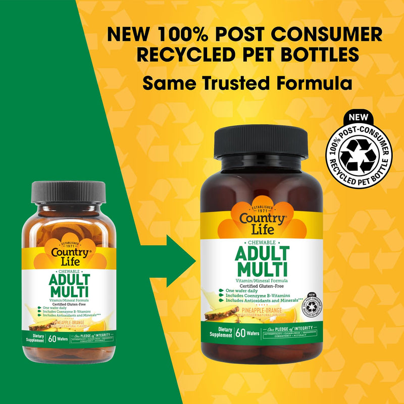 Country Life Adult Chewable Multivitamin, Pineapple Orange, 60 Wafers | 60 servings with coenzyme B vitamins, antioxidants and minerals in one daily wafer; certified gluten free and vegetarian