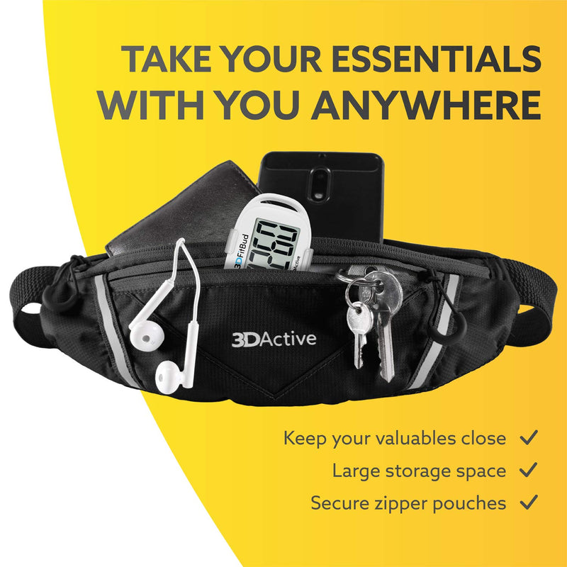 3DActive Running Belt PRO Waist Pack, Water Resistant Runners Belt, Workout Fanny Pack, Ultra-Lightweight, Adjustable, Reflective Running Pouch for Exercise, iPhone, Android & Accessories - Black