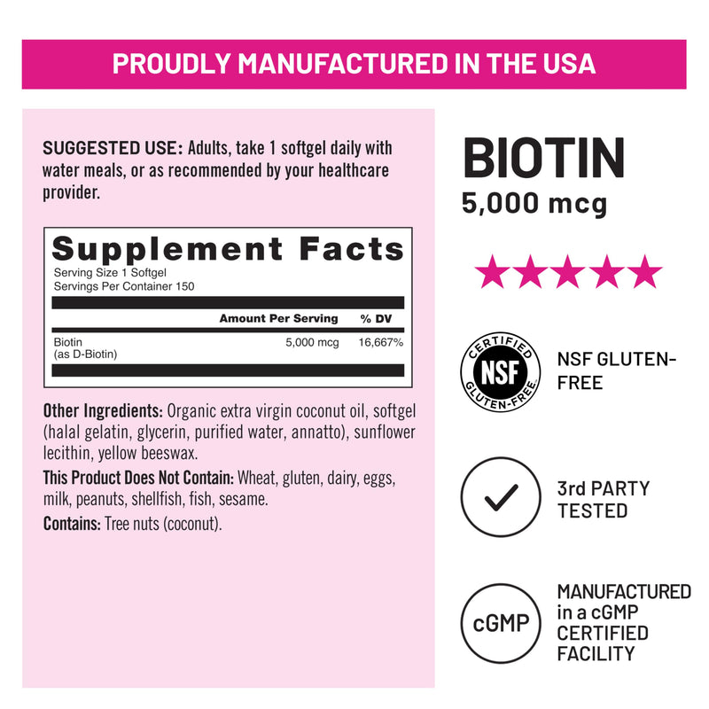 NatureWise Extra Strength Biotin 5,000 mcg Softgels - Biotin for Hair Growth Women & Men + Skin & Nails Support - Non-GMO, USA Manufactured - 150 Softgels[150-Day Supply]