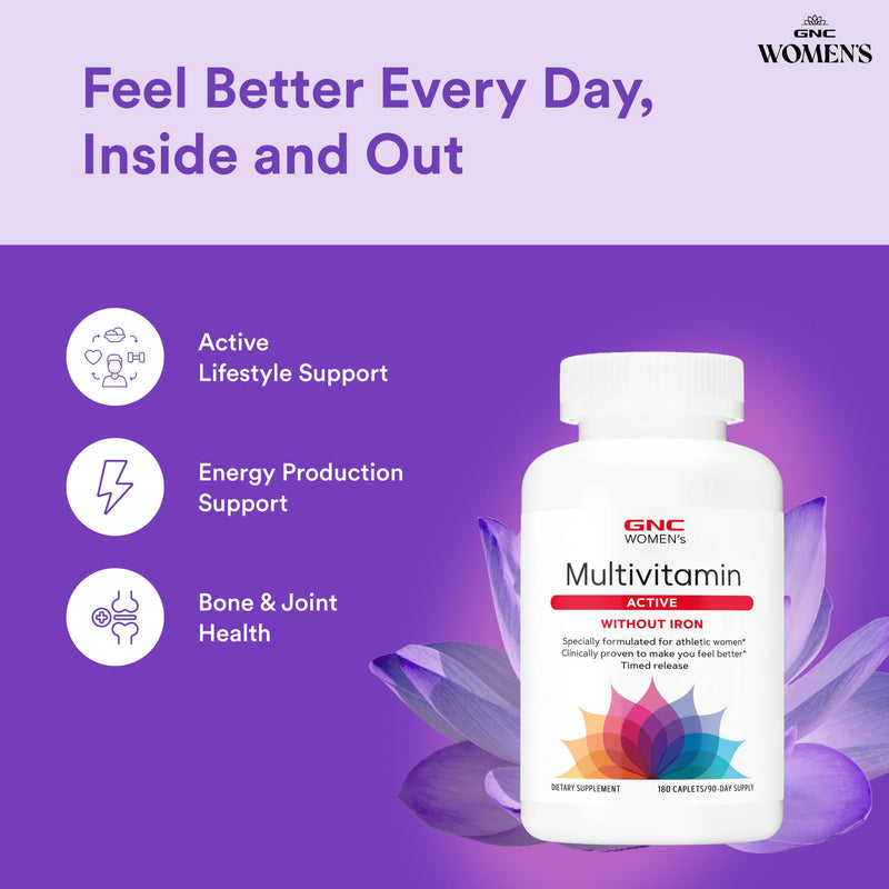 GNC Women's Multivitamin Active Without Iron, Supports an Active Lifestyle, 30+ Nutrient Formula, Promotes Bone & Joint Health, Helps Energy Production, 180 Caplets | Delivers Antioxidant and B Vitamin Support, Promotes Energy Production and Bone Healt...