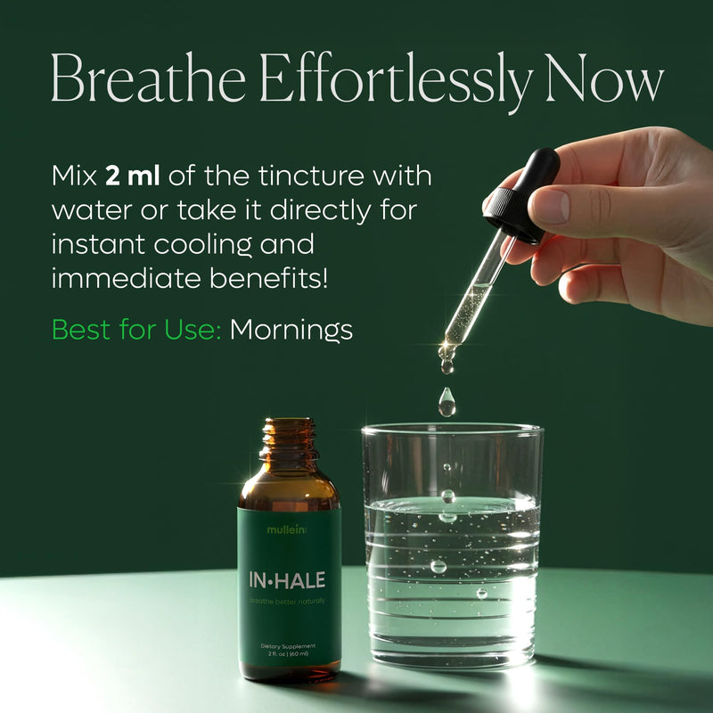 mullein Inhale Drops for Lungs: 2oz. Instant Cooling Herbal Tincture, Vitamin C, Vitamin B6, Leaf Extract for Lungs - Eliminate Mucus, Refresh Airways, Power-Up Immunity, Serving Size 2ml