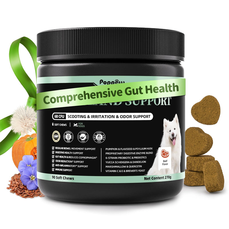 Dog Probiotics & Digestive Enzymes – Pumpkin Fiber Chews for Gut Health, Diarrhea & Upset Stomach Relief, Gas & Stool Support, Beef Flavor Soft Chews – 90 Count 90 Count (Pack of 1)