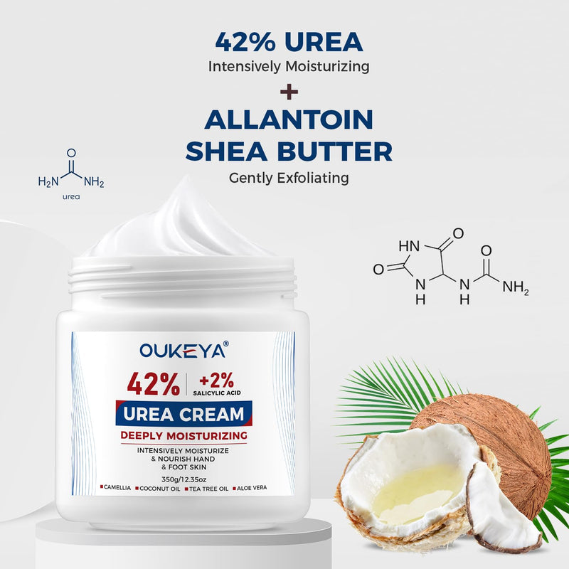 OUKEYA Urea Cream 42% plus Salicylic Acid 2% Net 350g for Dry Cracked Feet, Heels, Knees, Elbows, Hands Repair Treatment.Moisturizes and Removes Corns,Calluses,Dead Skin,and Softens Toenails 12.35 Ounce (Pack of 1)