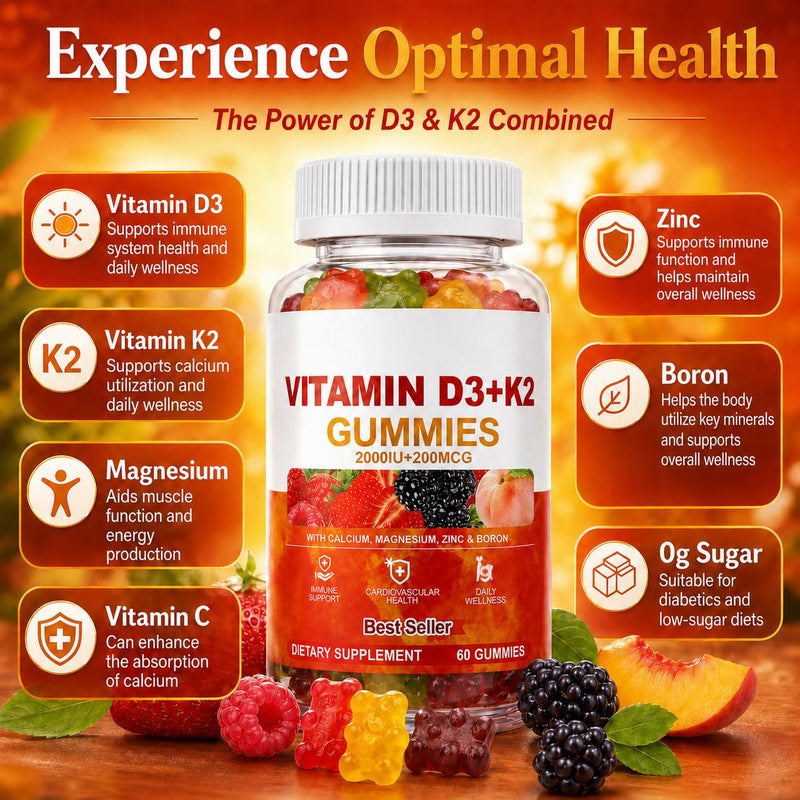 Vitamin D3 + K2 Gummies 2000 IU with Calcium, Magnesium & Zinc, Mixed Fruit | Vegan, Non-GMO, Gelatin-Free and Sugar-Free With Vitamin C, Boron and Mk-7 For Immune Function and Everyday Wellness Support.