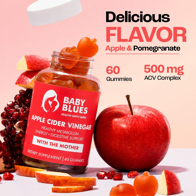Baby Blues Apple Cider Vinegar Gummies with the Mother for Bloating, Metabolism and Healthy Weight, Postpartum and Breastfeeding Women, Apple Flavor, Vegan, 60 Count