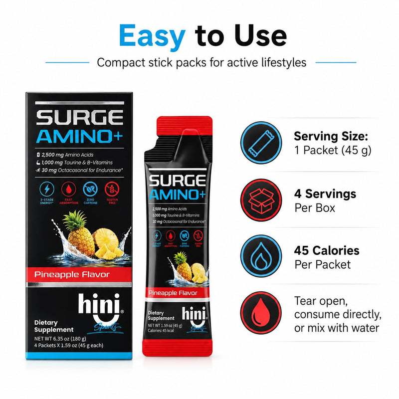 HINI Surge Amino+ Energy Gel, Pineapple Flavor, 4 Packets | 2,500 mg amino acid blend, 1,000 mg taurine, B vitamins and 30 mg octacosanol per packet.
