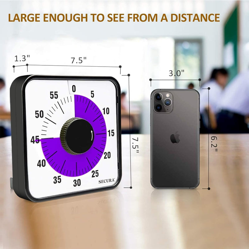 Secura 60-Minute Visual Countdown Timer, 7.5-Inch Oversize Classroom Visual Timer for Kids and Adults, Durable Mechanical Kitchen Timer Clock with Magnetic Backing (Purple) Purple & Black