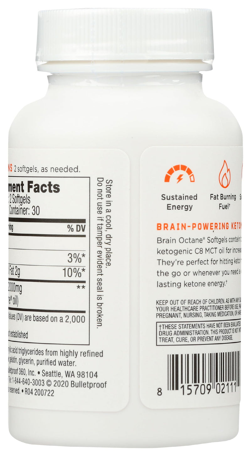 Bulletproof Brain Octane Softgels, 60 Count - 100% Pure C8 from Coconut | Pure C8 MCT Oil for Sustained Energy 60 Count (Pack of 1)