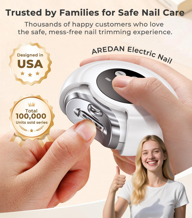 Electric Nail Clippers for All Ages, Rechargeable Safety Grinder, Pinch-Free Auto Trimmer with Debris Catcher, 3-Speeds Nail File and Polisher with LED Light, Quiet Care for Baby, Seniors and Adults White