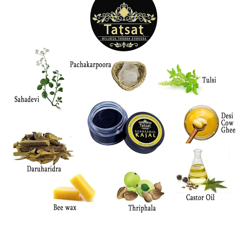 TATSAT - WELLNESS THROUGH AYURVEDA BABY Kajal,Natural,herbal and ayurvedic With Medicated Soot And Desi Cow Ghee|Safe For Babies|Lab Tested|No Preservatives, Black, Matte Finish