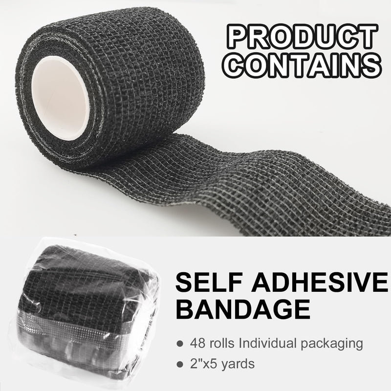 48 Pack Self Adhesive Bandage Wrap, 2” x 5 Yards Cohesive Medical Tape Elastic Grip Tape Black Sports Tape Athletic for Ankle, Wrist Sprains, Pet First Aid (Black) - BeesActive Australia