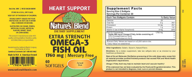 Nature's Blend Fish Oil 1760 mg Omega 3 Extra Strength - 60 Softgels