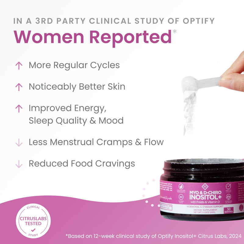 Optify Myo-Inositol & D-Chiro Inositol Supplement for Women | 40:1 Ratio Plus Folate and Vitamin D | Support Healthy Hormonal Balance, Regular Cycles, & Ovarian Health (2.22oz Powder (Pack of 1)) 2.22 Ounce (Pack of 1)