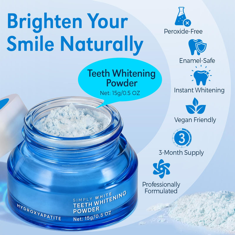 Enamel-Safe Teeth Whitening Powder - Hydroxyapatite - Gentle on Teeth - No Sensitivity Formula - Removes Stains - Long-Lasting Freshness - Breath Freshening Whitening Powder- 15g Blue 15