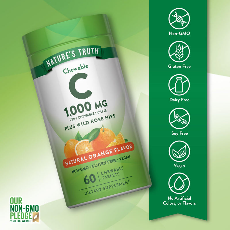 Nature's Truth Chewable Vitamin C with Rose Hips | 1000 mg | 60 Tablets | Vegan, Non-GMO & Gluten Free Supplement 60 Count (Pack of 1)