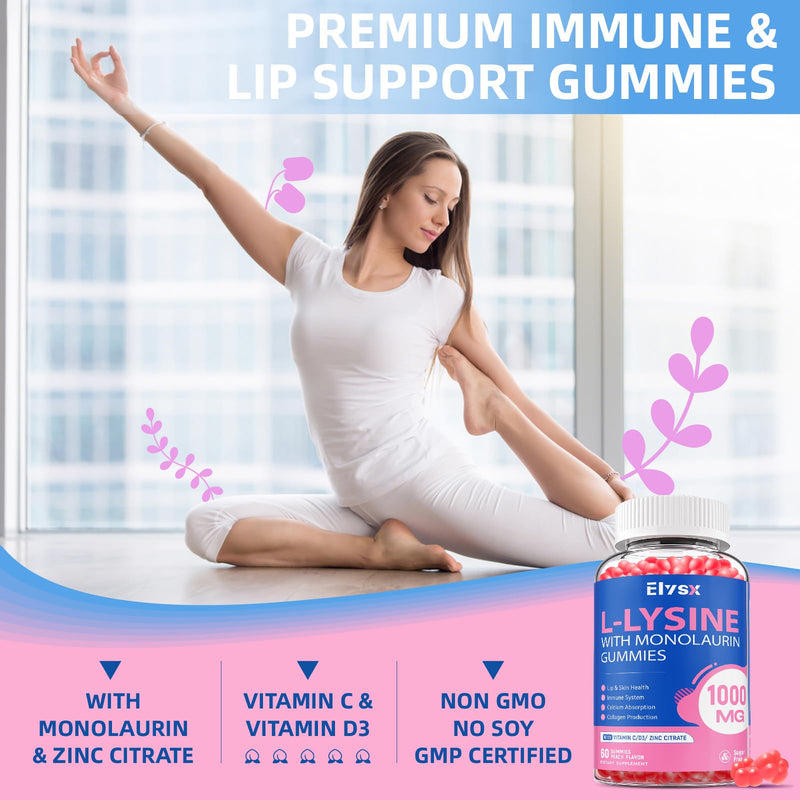 L-Lysine Gummies 1000mg, Sugar-Free Chewable Lysine with Monolaurin Supplement for Adults & Kids, Lips & Oral Health, Immune & Overall Health, Natural Peach Flavor, 60 Count 1 Count (Pack of 60)
