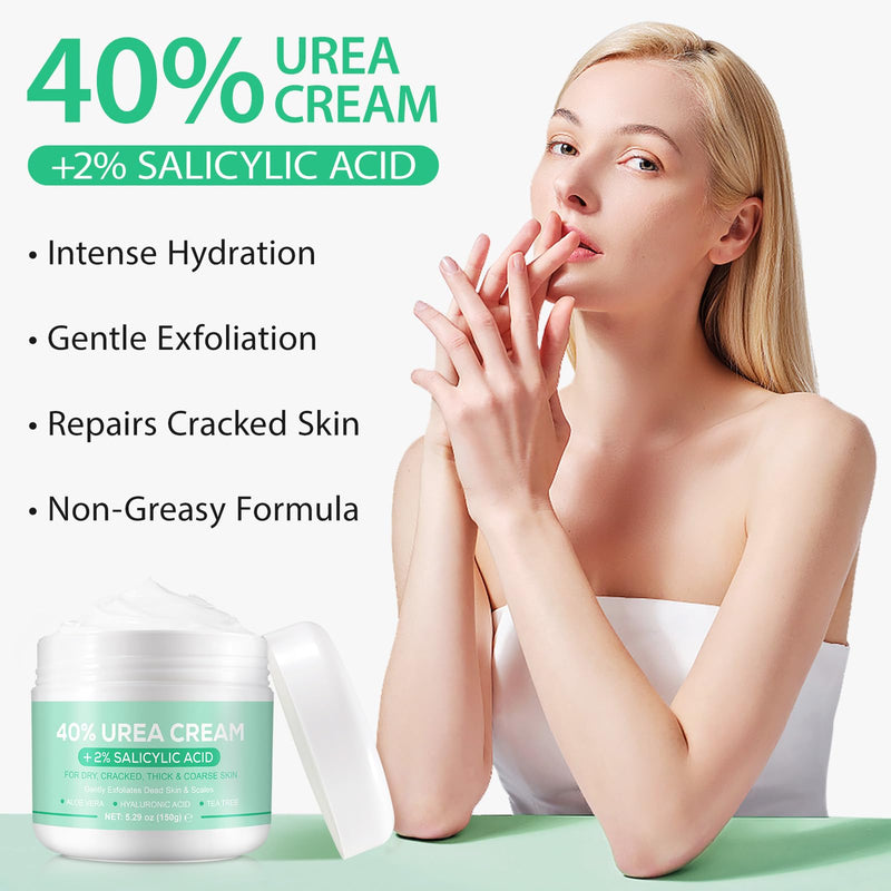 Urea Cream 40 Percent for Feet - 40% Urea Cream Plus 2% Salicylic Acid with Hyaluronic Acid,Tea Tree, Aloe Vera for Dry Cracked Heels, Knees & Maximum Strength Foot Deep Moisturizer(5.29 OZ) - BeesActive Australia