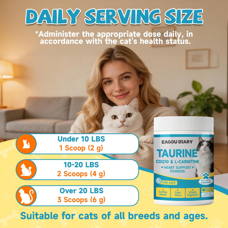 Taurine for Cats - Taurine Powder for Cats, Supports Feline Heart & Vision, Immune, Energy & Vitality, Coenzyme Q10, L-Carnitine, L-Lysine, Vitamin, Taurine Supplement for Cat Taurine Powder, 200g