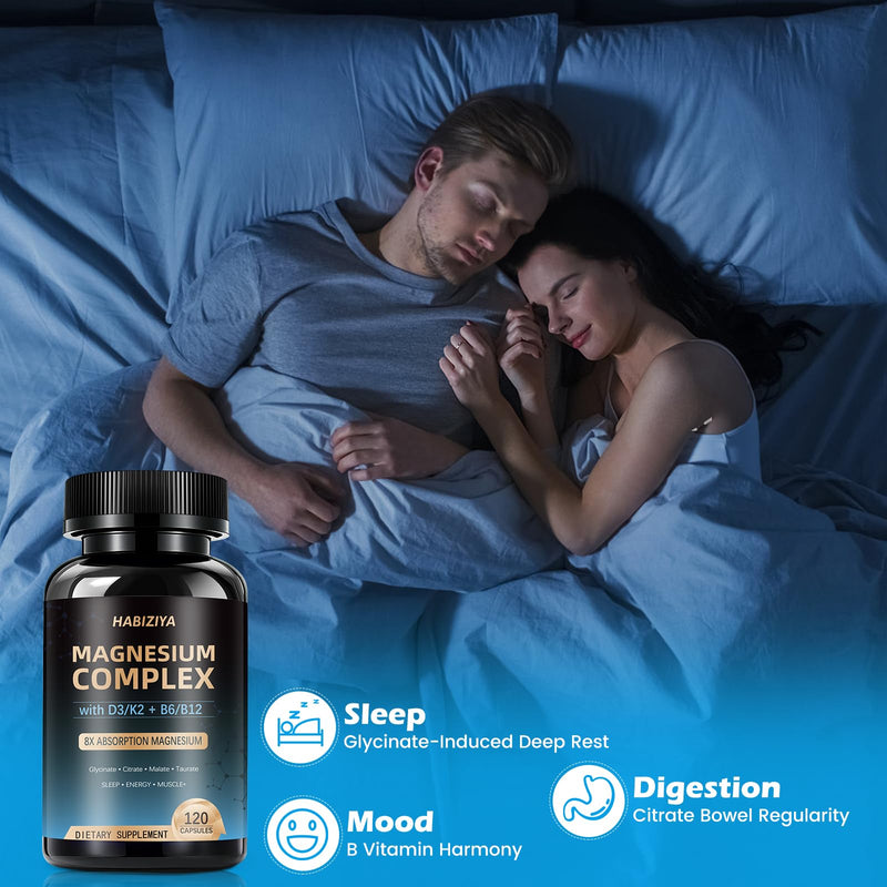 (Pack of 2) Magnesium Complex Supplement 600mg with with D3 K2 MK7 & B Vitamins High Absorption Capsules with Glycinate, Citrate & Malate,Taurate Relaxation,Muscle,Heart Support, Vegan 120 Capsules 120 Count (Pack of 2)