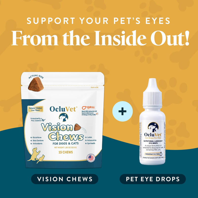 OcluVet Bundle Eye Supplements for Dogs & Cats | Vision Chews with Omega-3 for All Ages - Includes 15 Chicken Liver Flavored Chews & Pet Eye Drops, 16 mL | Antioxidants & 2% NAC for Cataracts