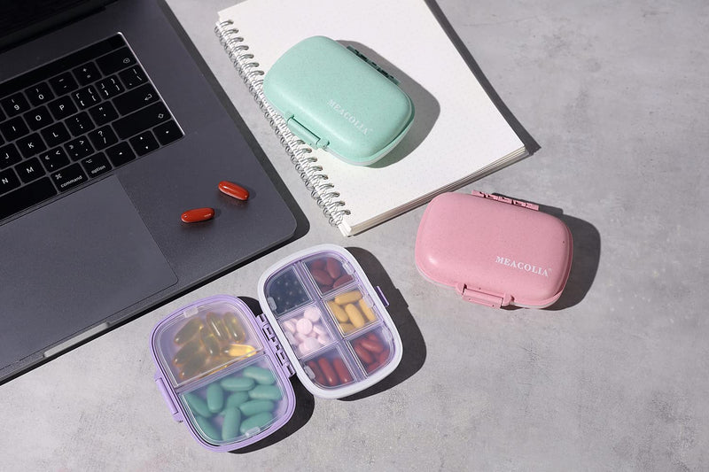 MEACOLIA 3 Pack 8 Compartments Travel Pill Organizer, Daily Pill Case Small Pill Box for Pocket Purse, Portable Pill Container Medicine Vitamin Organizer (Purple, Green, Pink) Green,pink,purple 3 Count (Pack of 1) - BeesActive Australia