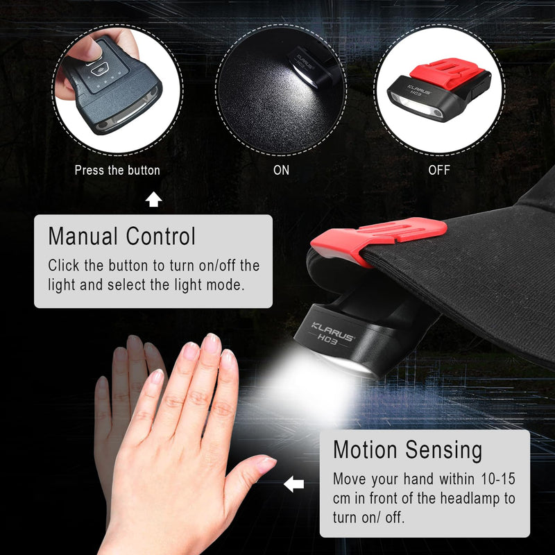 klarus HC3 2pcs Rechargeable Motion Sensor Cap Visor Light - 100 Lumens COB LED Clip on Hat Light - Headlamp Flashlight with Red Light for Fishing Running Camping Reading Black Red 2Pcs