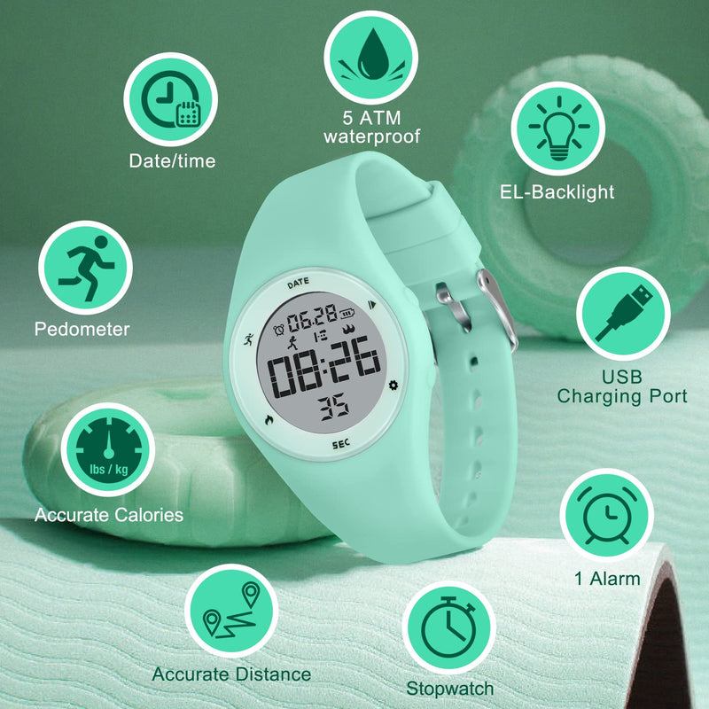 Kids Watches for Girls Boys Digital Sport Watch with Step Counter Pedometer Vibration Alarm Clock, No App Waterproof Fitness Tracker Kids Watch Boys Girls Teens Students Ages 5-16 121-F-LightGreen-W