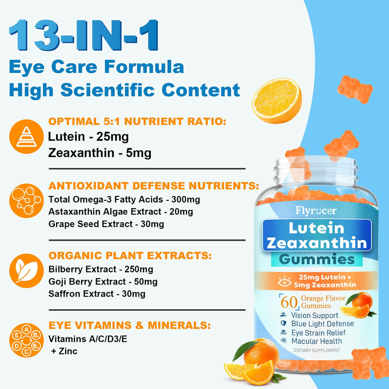 Sugar Free Lutein Gummies 25mg, Lutein and Zeaxanthin Supplements for Eye Health, 13-in-1 Eye Care Formula with Omega-3 Bilberry Saffron-Vision Health, Eye Strain, Dry Eyes,Vegan Orange Flavor 120 Cts 60 Count (Pack of 2)