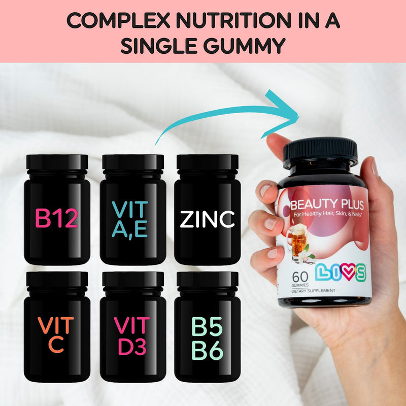LIVS Beauty Plus Gummy Vitamins - Biotin Gummies for Hair, Skin and Nails | Natural, Gluten-Free, Non-GMO Beauty Supplement with Vitamin A, C, E, B12, D2, Zinc & More - Cream Soda Flavor - 60 Ct Pack of 1