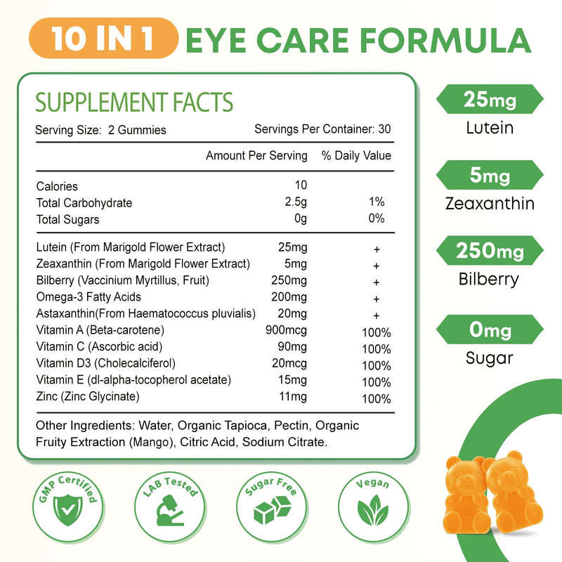 2 Pack Lutein Gummies 25mg, Sugar Free Lutein Zeaxanthin Supplements Gummies, Eye Health Supplement for Adults, Eye Vitamins Lutein for Vision and Blue Light Protection, Mango Flavor, 120 Count 60 Count (Pack of 2)