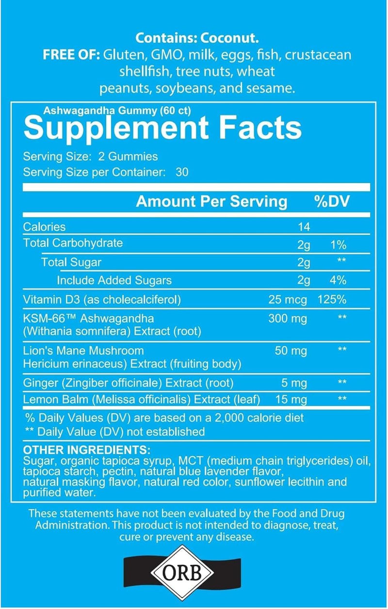 Ashwagandha KSM 66 Lions Mane Gummies 2 Pack 120 Count | Vitamin D, lemon balm and ginger, vegan, non GMO, gluten free, Kosher certified, mixed berry flavor, 60 day supply 60 Count (Pack of 2)