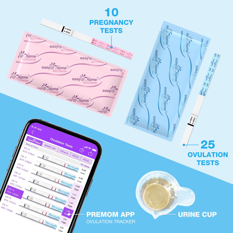 Easy@Home Ovulation & Pregnancy Test Strips Kit: 25 Ovulation Tests 10 Pregnancy Tests & 35 Large Urine Cups - Powered by Premom Ovulation APP | 25LH + 10HCG + 35 Urine Cups - BeesActive Australia