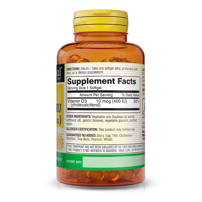 MASON NATURAL Vitamin D3 10 mcg (400 IU) - Supports Overall Health, Strengthens Bones and Muscles, 100 Softgels 100 Count (Pack of 1) 400 IU