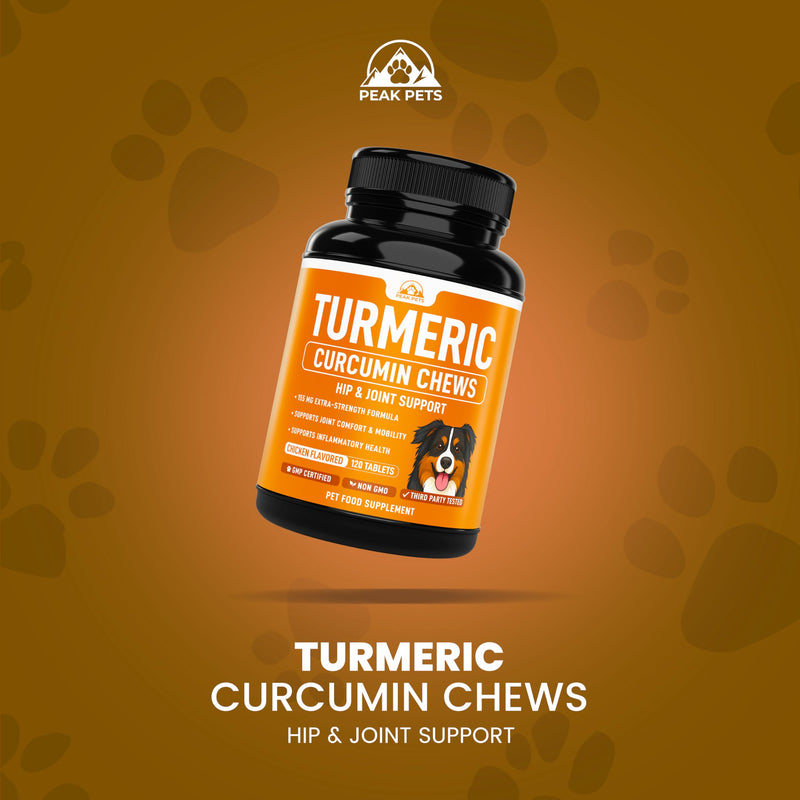 Turmeric for Dogs (155mg) Turmeric Curcumin Supplement for Dogs with BioPerine - Immune System Hip, Mobility & Joint Support - 120 Chicken Flavor Chewable Tablets - Third Party Tested & Non-GMO