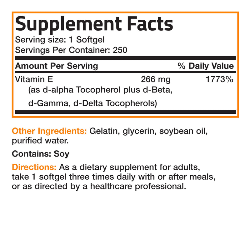 Bronson Natural Vitamin E Complex 400 I.U. Supplement (d-Alpha Tocopherol Plus d-Beta, d-Gamma, & d-Delta Tocopherols), Natural Antioxidant, 250 Softgels Unflavored 250 Count (Pack of 1) - BeesActive Australia