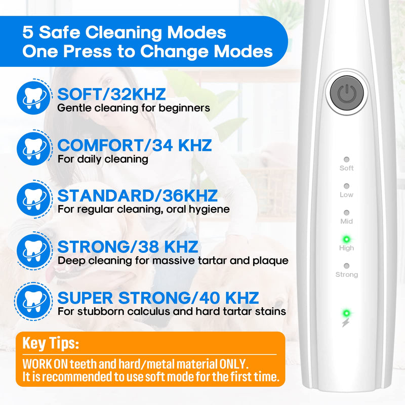 Dog Teeth Cleaning Kit, 5-Mode LED Ultrasonic Tooth Cleaner for Dogs & Cats – Plaque & Tartar Remover, 32-40kHz Pet Dental Care with Toothbrush(White) White