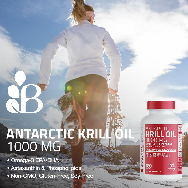 Bronson Antarctic Krill Oil 1000 mg with Omega-3s, 180 Softgels | Heavy Metal Tested, with EPA, DHA, Astaxanthin and Phospholipids, Non-GMO, Gluten Free, Soy Free 180 Count (Pack of 1)