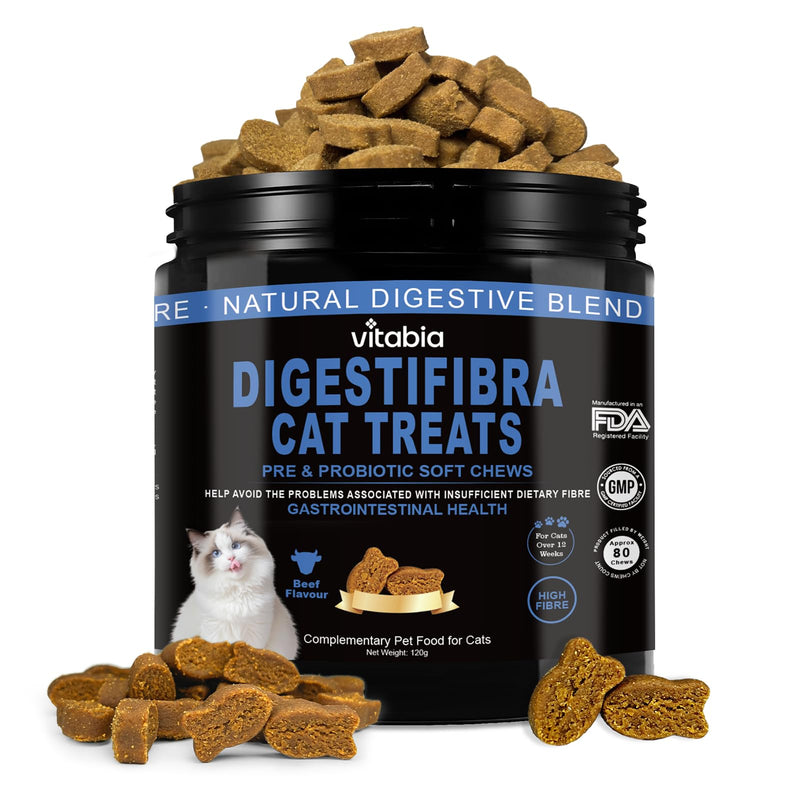 DigestiFibra Probiotics for Cats UK - Natural Digestive Care Chews with Prebiotic Fibre, Pumpkin for Gut Health, Firm Stools and Anal Gland Support (80 Count) 80 Count