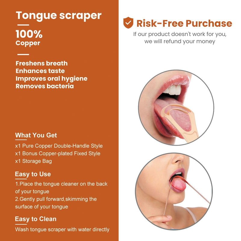 2Pcs Copper Tongue Scraper, Tongue Cleaner Set for Adults Kids, Stainless steel Wide Double Blades Oral Tongue Brush Cleaning Scrapping Sweeper for Fresh Breath and Mouth Hygiene Care with Travel Bag - BeesActive Australia