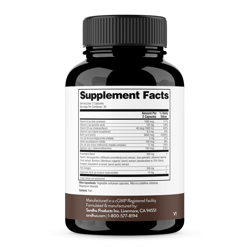 Biotin 6000mcg Collagen Keratin Hair Skin Nails Supplement, 60 Count | Hair Vitamins With Fish Collagen Hydrolyzed Keratin Hyaluronic Acid MSM Bamboo Extract, For Women & Men, USA Made By Sandhus #1 Hair Vitamins 60 Count (Pack of 1)