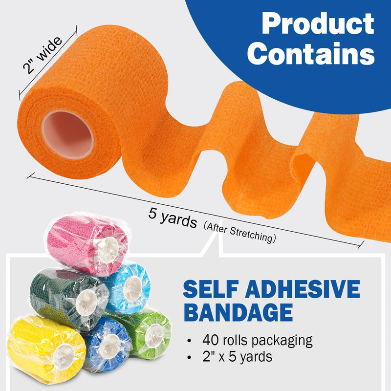 AZEN 40 Pack Self Adhesive Bandage Wrap, 2" X 5 Yards Elastic Cohesive Bandage Wrap, Color Athletic Tape, Vet Wrap, Ankle Tape, Tattoo Grip Tape Wrap Multi-colored 2IN - 40Pack - BeesActive Australia