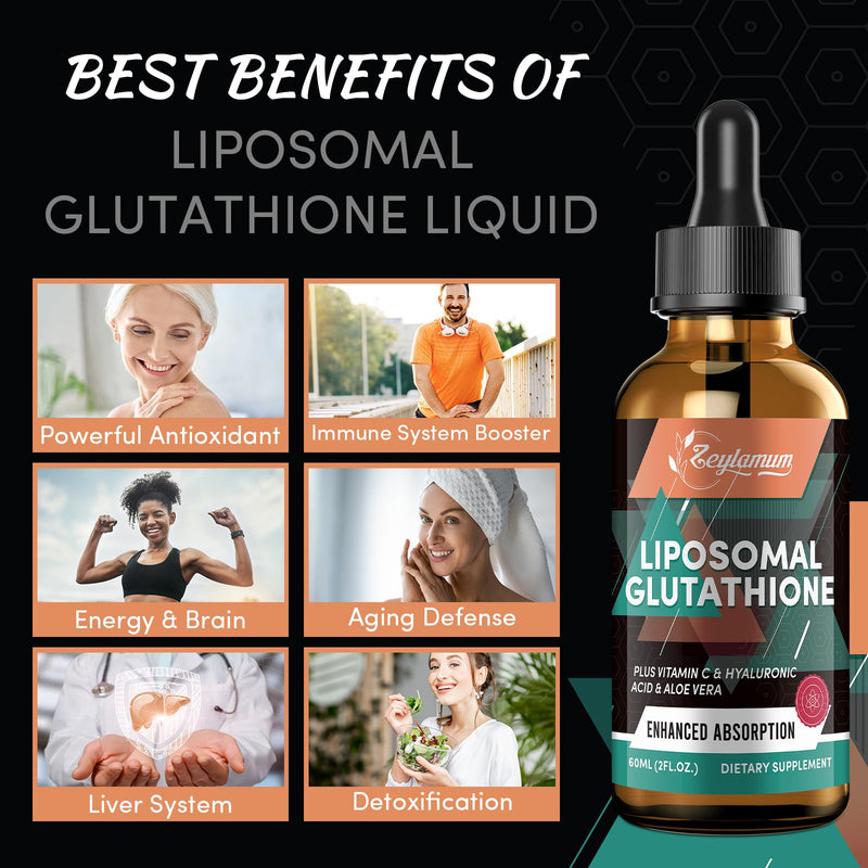 2000MG Liposomal Glutathione Liquid Drops, Ultra High Absorption, Natural Detoxification, Immune System & Skin Supprot*, L-Glutathione, Vitamin C & Hyaluronic Acid, Capsules Alternative, 4.05 OZ 4.05 Fl Oz (Pack of 1)