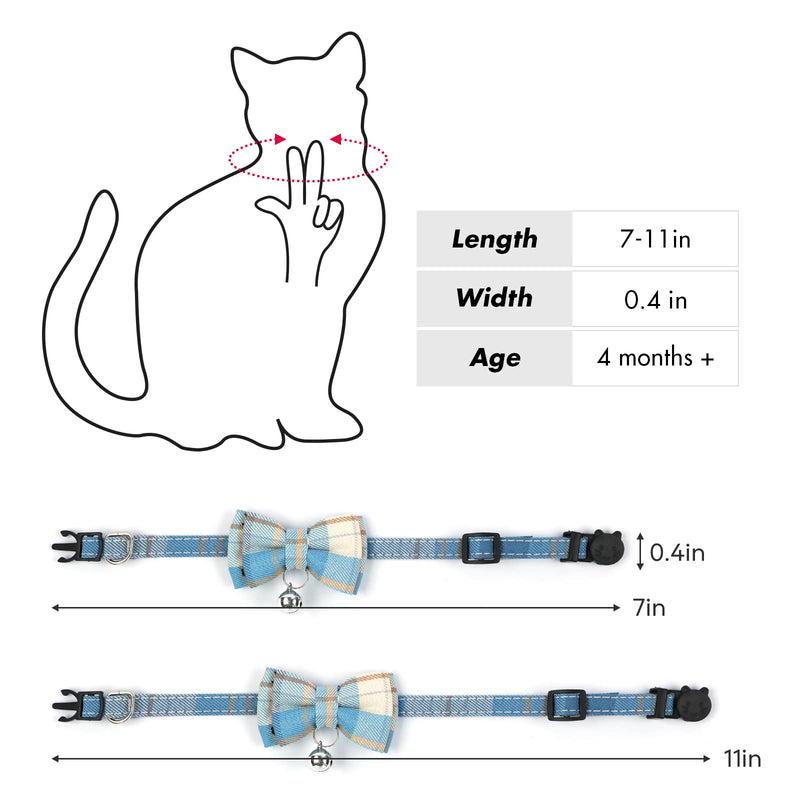 Breakaway Cat Collar with Cute Bow Tie and Bell, Cat Collars for Boy Cats and Girl Cats, Safety Kitten Collars, Stylish Plaid Patterns, 1 Pack Light Blue 7-11'' (pack of 1) 1pc Light-Blue - BeesActive Australia