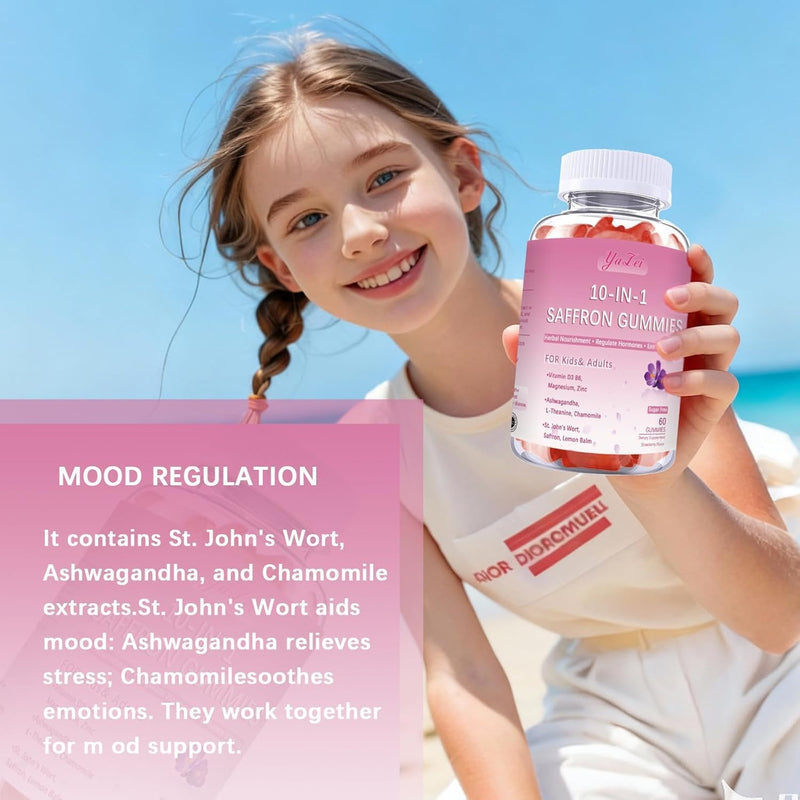 Saffron Supplements Gummies for Kids & Adults,Sugar Free, | with Ashwagandha,L-Theanine,Chamomile,St. John's Wort,Lemon Balm,Vitamin D3 B6, Magnesium for Zzz, Mood, Focus & Vision