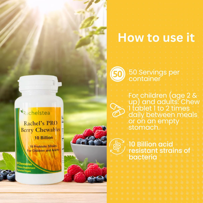 Rachel’s Pro Berry Chewables 10 Billion strains, gastrointestinal, Children and Adult 50 chewables Great Taste