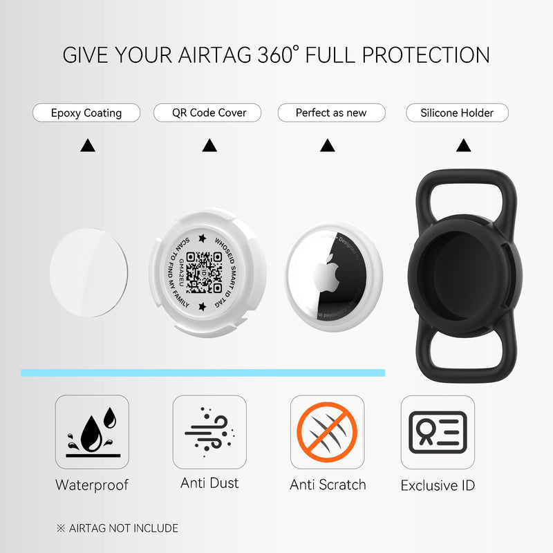 QR Code Airtag Holder, Scan QR Code Send Location Alert Email, Waterproof Full Body Protection Anti-Lost Air Tag Case, Airtag Accessories for Dog, Cats, Collar, Backpack (Black, Regular) Black - BeesActive Australia