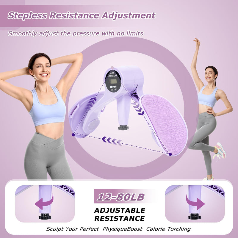 Thigh Master [2026 Upgraded], 12-80LB Thigh Master Thigh Exerciser, LED Pelvic Floor Exercise Devices, 360° Inner Thigh Exerciser, Thigh Hip Trainer Kegel Excerciser with 50LB Resistance Band Purple