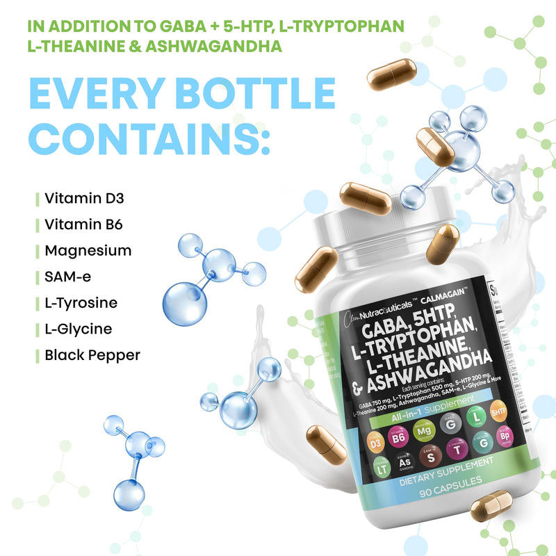 Clean Nutraceuticals GABA 750mg 5 HTP 200mg L Tryptophan 500mg L Theanine 200mg Ashwagandha SAM-e L-Glycine - Mood Support Vitamins for Women and Men with L-Tyrosine (90 Count (Pack of 3)) 30 Count (Pack of 3)