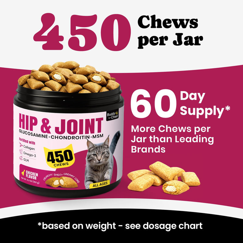 Glucosamine for Cats, Cat Joint Supplement with Chondroitin, Omega-3s & Green-Lipped Mussel, Pain Relief Crunchy & Creamy Treats for Senior Cats, Hip & Joint, Mobility & Flexibility Support -450 Chews Chicken