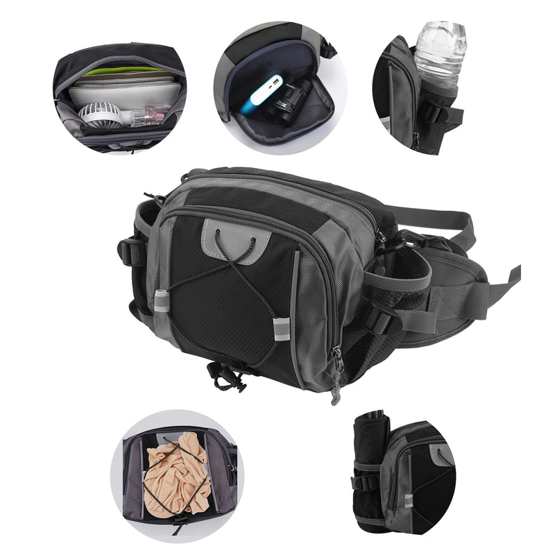 Fanny Pack with Water Bottle Holder, Large Waist Bag for Men Women with Adjusted Shoulder Strap, Waterproof Belt Bag for Dog Walking Hiking Running (Black)